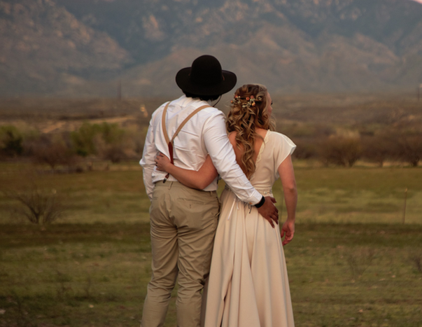 Bride and groom enjoy sunset at Agua Linda Farm, wedding venue near Tucson, Arizona