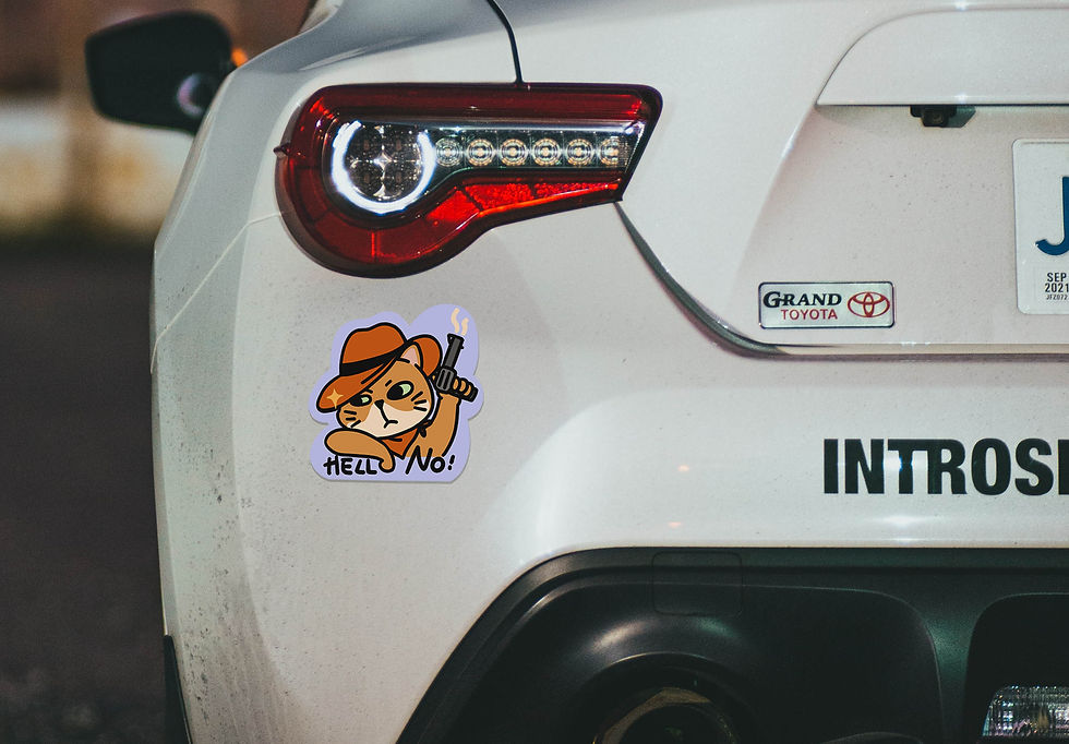 Thumbnail: A gangster gun-holding kitty saying, “hell no”. This angry cartoon cat vinyl sticker is on a back bumper. © EnvisionLin.com