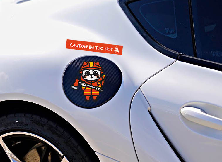 Thumbnail: Cat firefighter and quote, “Caution! I’m Too Hot”. One vinyl sticker on black gas cap one on silver fender. © EnvisionLin.com