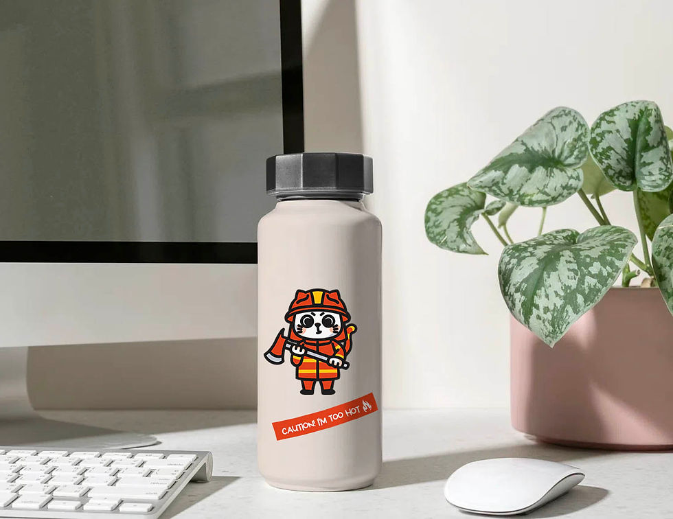 Thumbnail: Happy firefighter cat art and saying “Caution! I’m Too Hot” Both vinyl stickers personalize a water bottle. © EnvisionLin.com