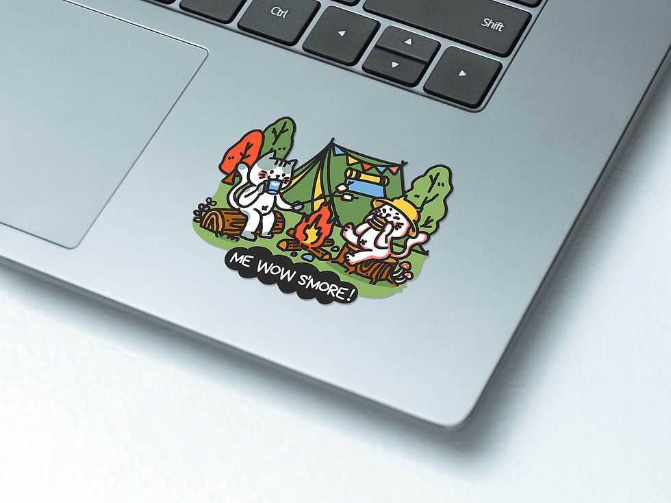 Thumbnail: Me Wow S’mores meme illustrated with a fun cat couple eating s’mores by a campfire decorating a laptop © EnvisionLin.com