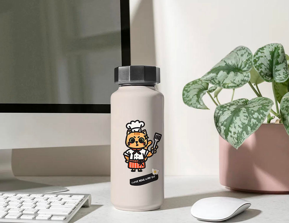 Thumbnail: Meme sticker “I Love Being A Fry Guy” with cat chef holding a spatula sticker personalizes a water bottle © EnvisionLin.com