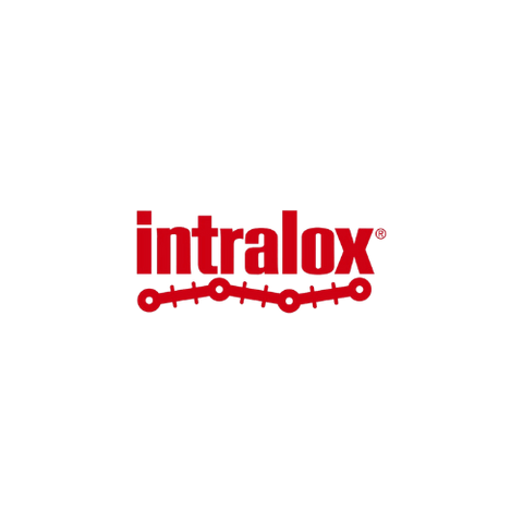 Logo rojo de Intralox con gráfico de banda transportadora, proveedor de Grupo Industrial Vace.