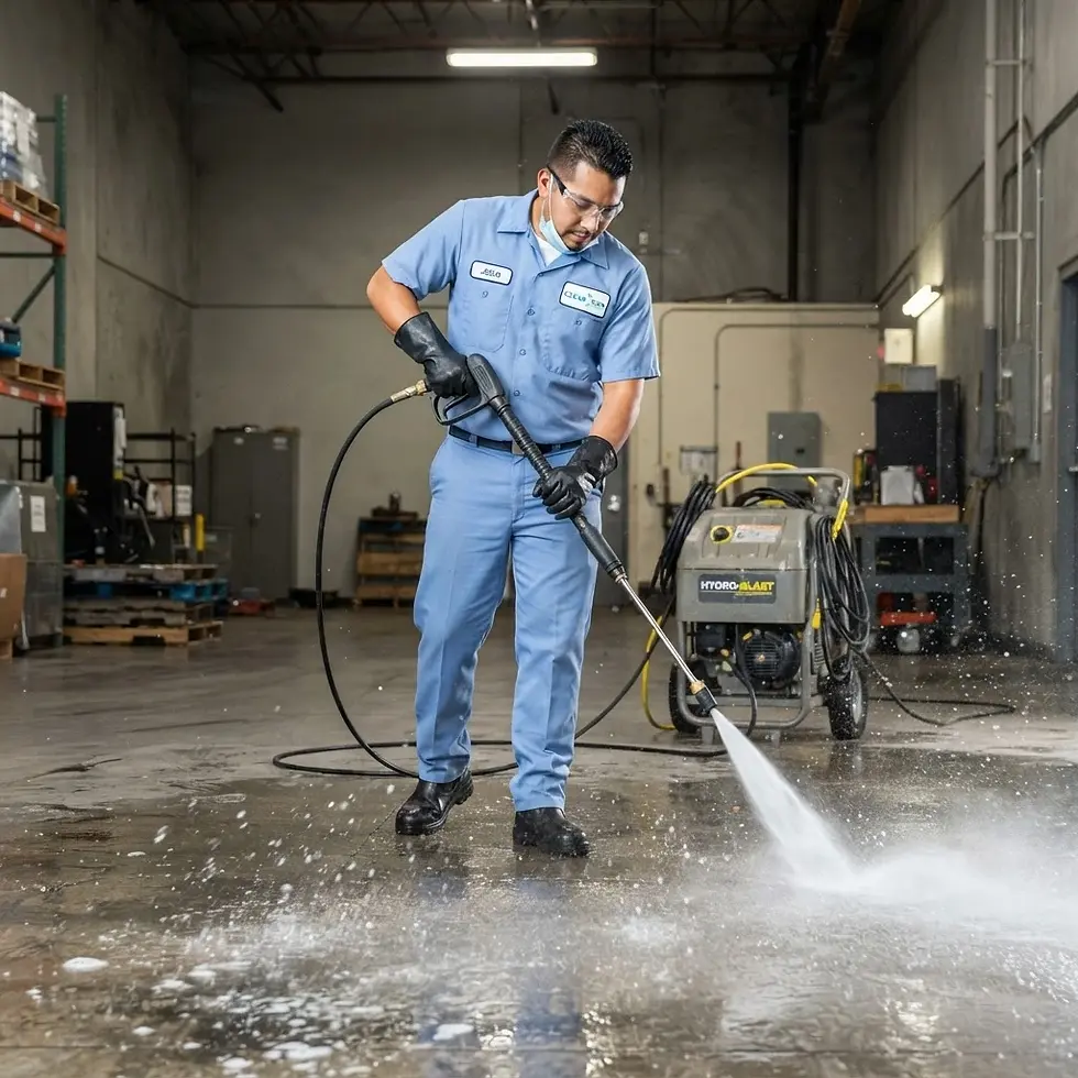 Commercial photography of a worker pressure washing a concrete floor in an industrial setting. The high-pressure spray cleans the wet surface.