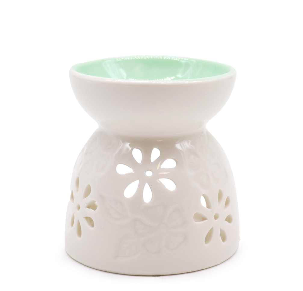 Classic White Oil Burner - Floral with Teal Well   green