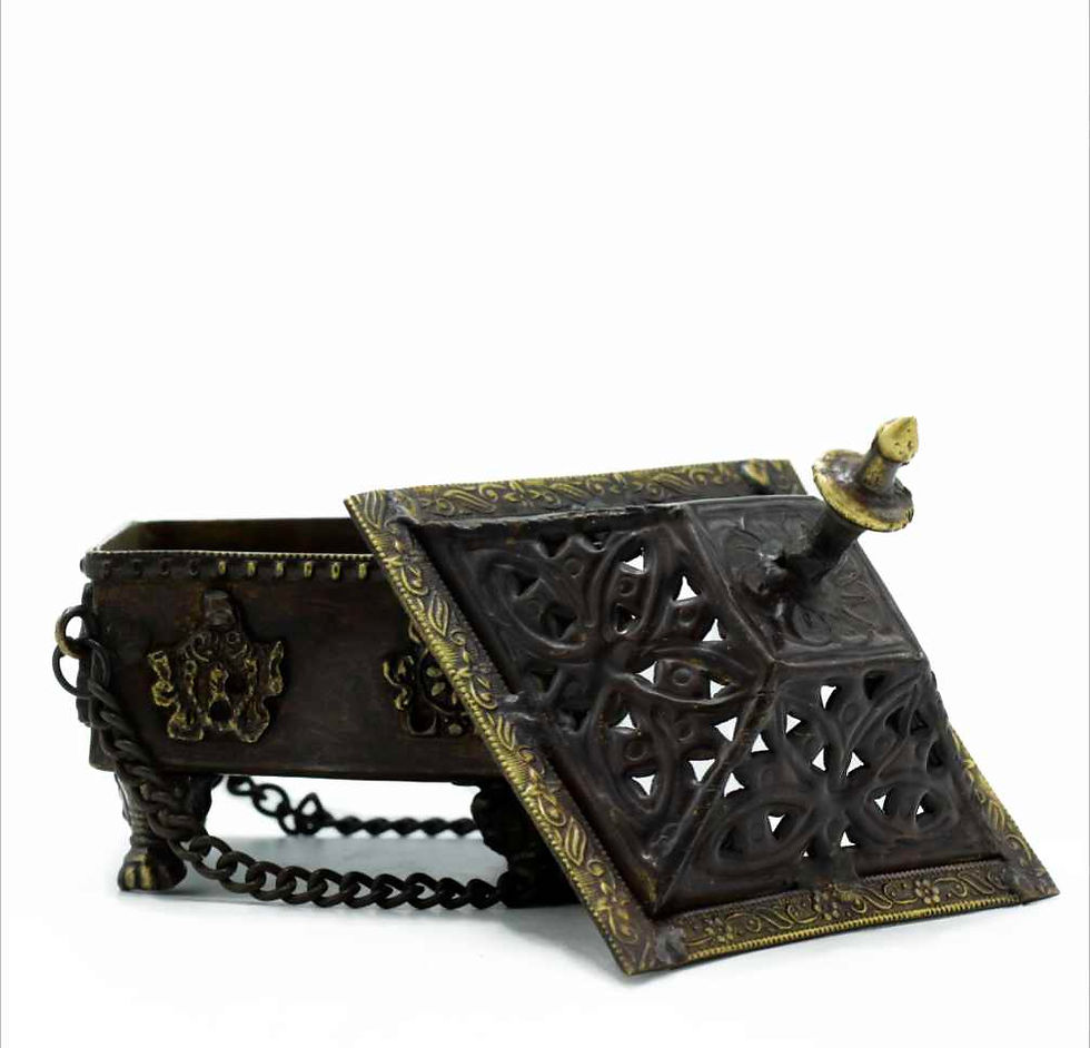 Thumbnail: Brass Verdigris Tibetan Burner - Four Symbols Square Standing Pot