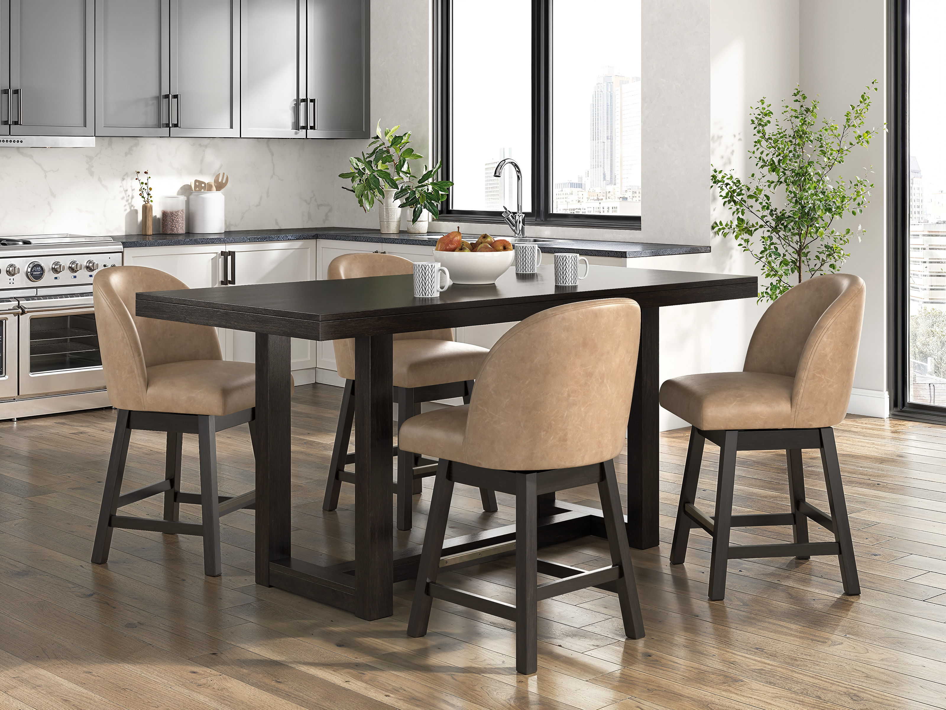 Neymorton Counter Table & 4 Light Brown Swivel Barstools