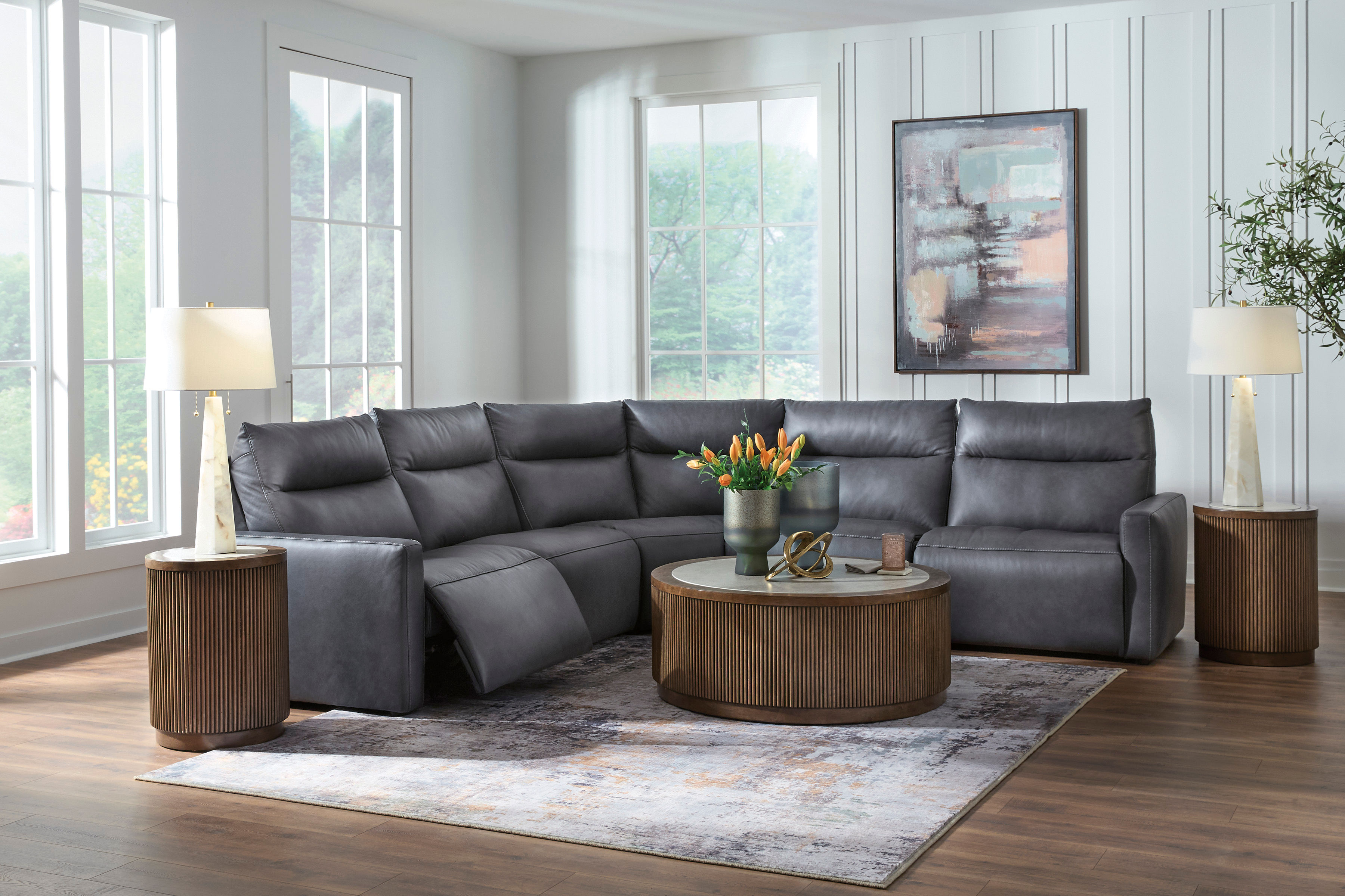 Modz 5-PC Blue Top Grain Leather Power Reclining Sectional