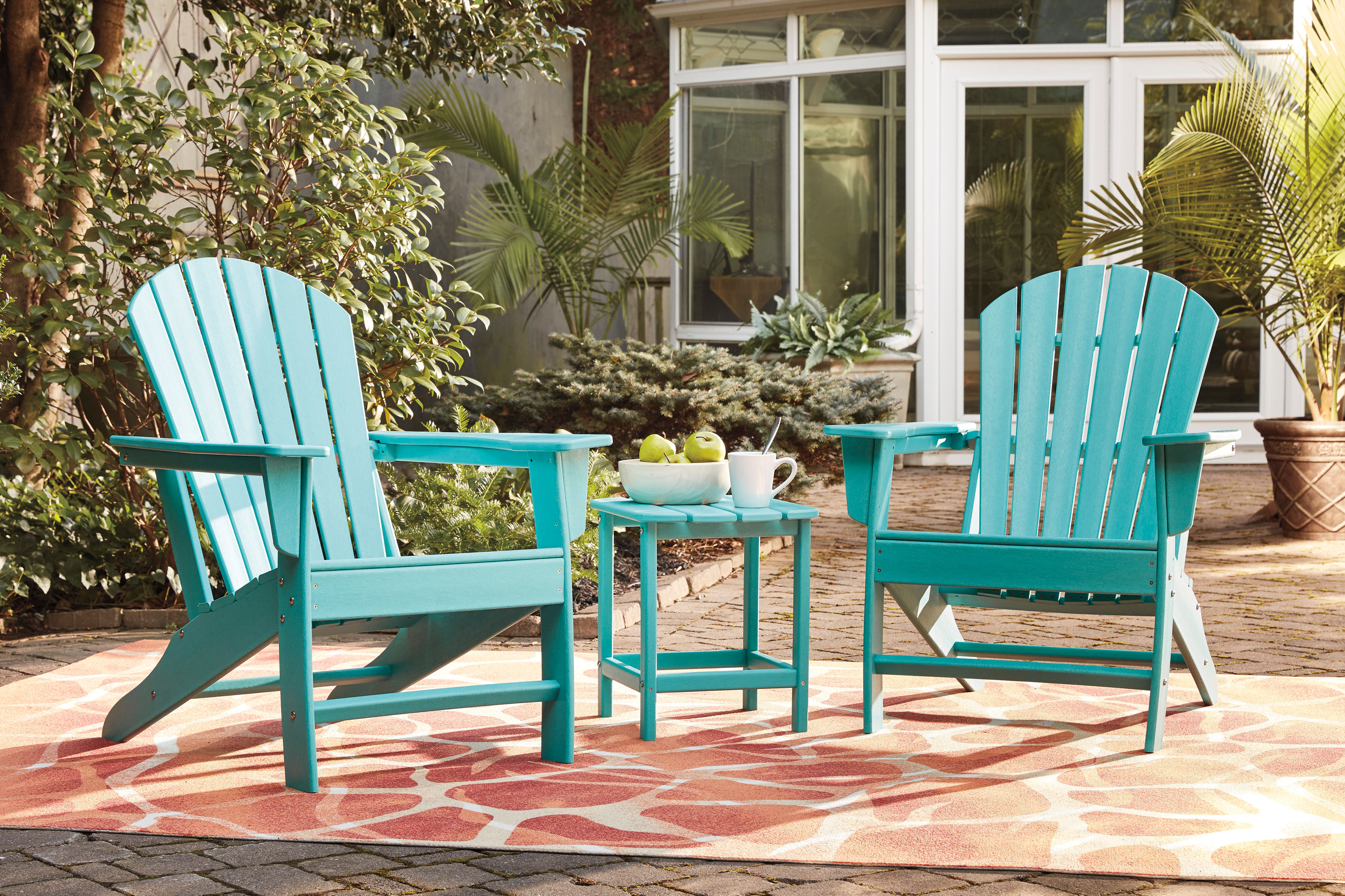 Sundown Teal Adirondack Chairs w/ Table