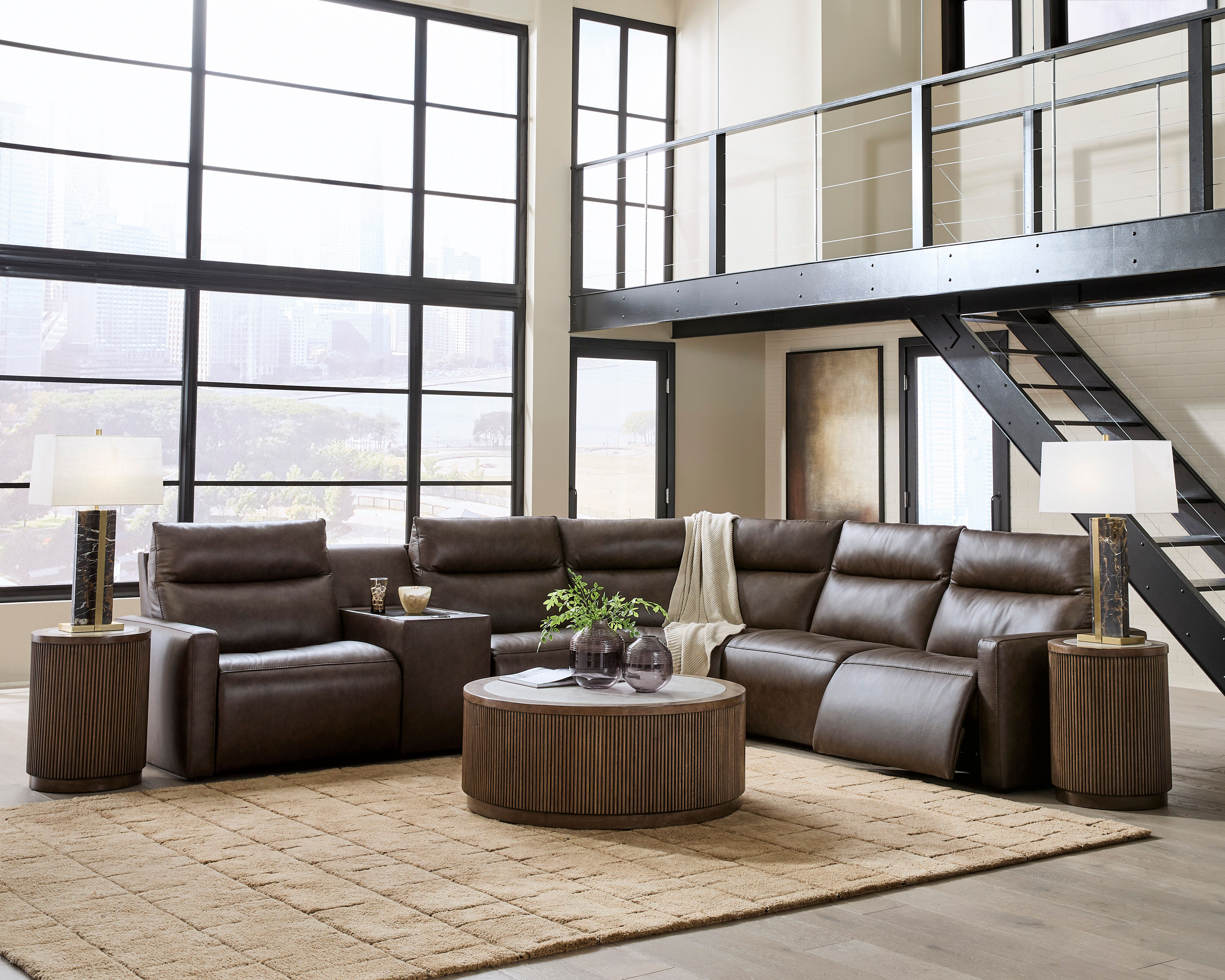 Modz 6-PC Chocolate Leather Power Reclining Sectional w/ Audio Console