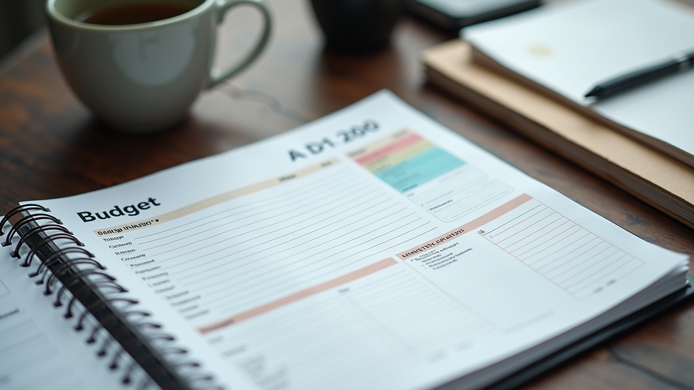 High angle view of a desk with a budget planner and marketing notes