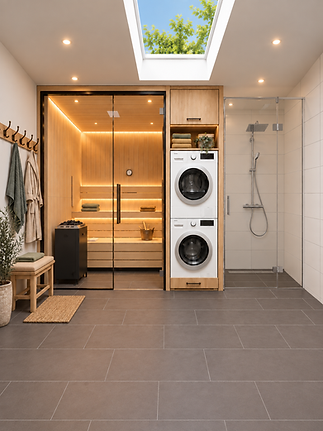 Badezimmer mit Sauna und dusche Poseidons SkyLounge KI Bild
