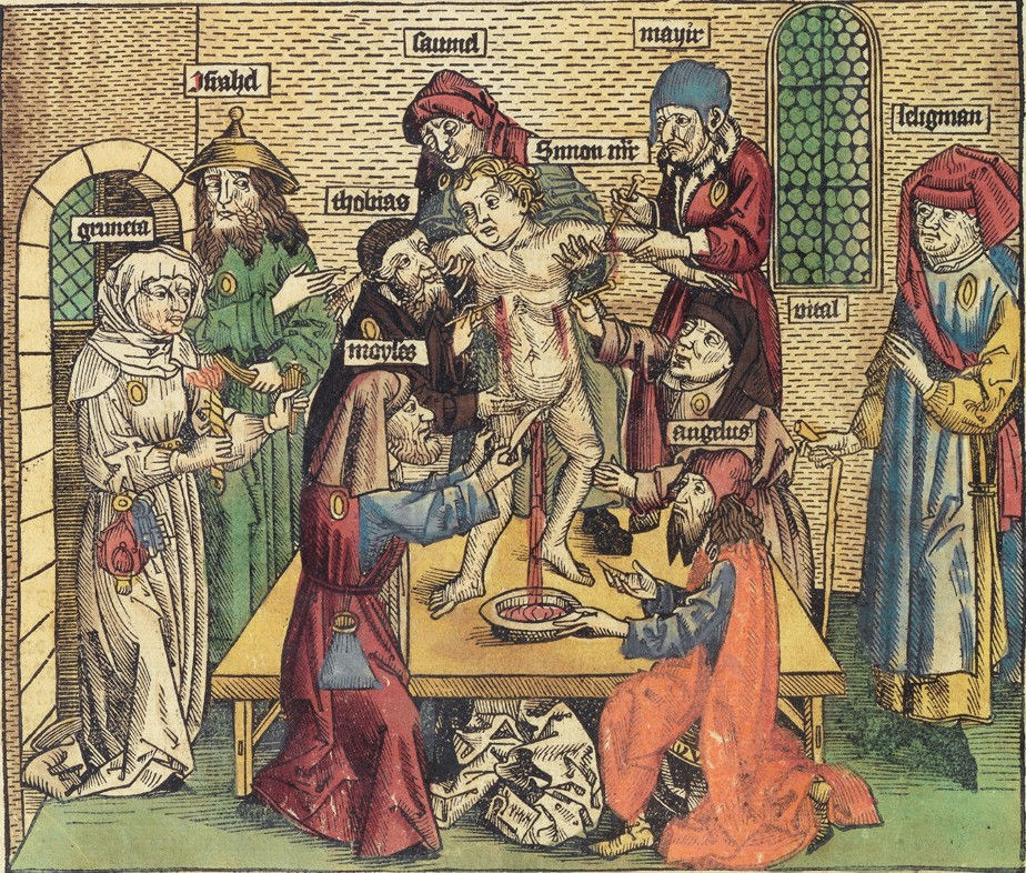 Illustrative: Simon of Trent blood libel. Illustration in Harmann Schedel's Weltchronik, 1493.