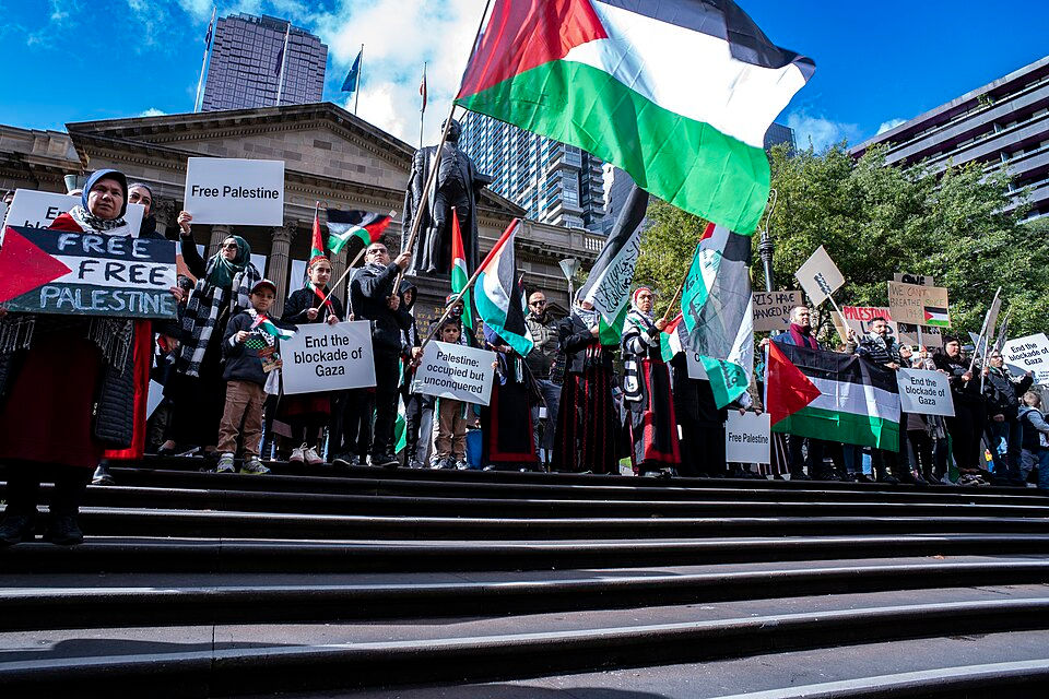 At least 10,000 rallied in the first of two Free Palestine protests in Melbourne, Australia, on May 15, 2021. (Matt Hrkac via Wikipedia Commons)
