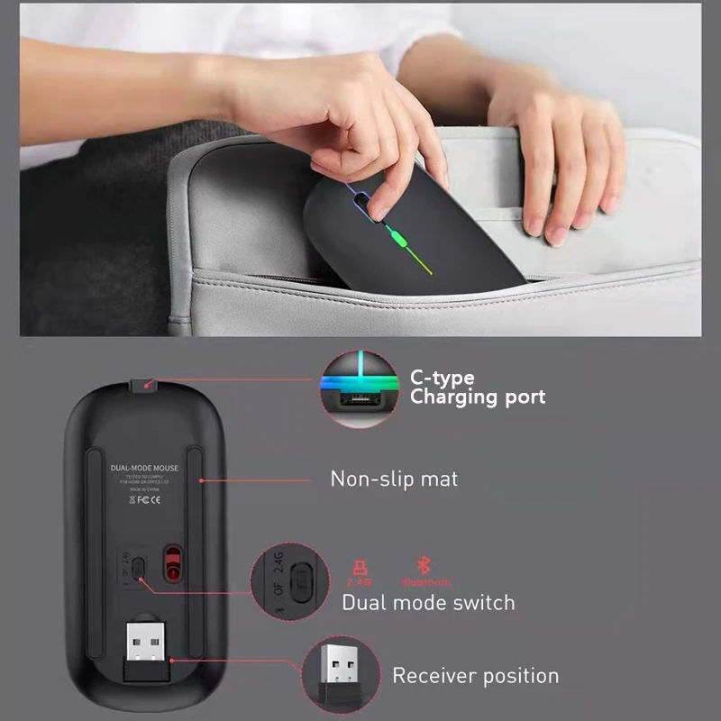 Miniatura: Wireless Mouse 2.4GHz Bluetooth Recarregável, Silencioso e Ergonômico