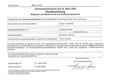 Kundmachung - Mitglieder der Wahlbehörde und Vertrauenspersonen