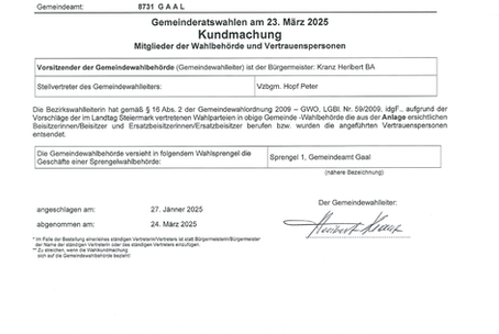 Kundmachung - Mitglieder der Wahlbehörde und Vertrauenspersonen