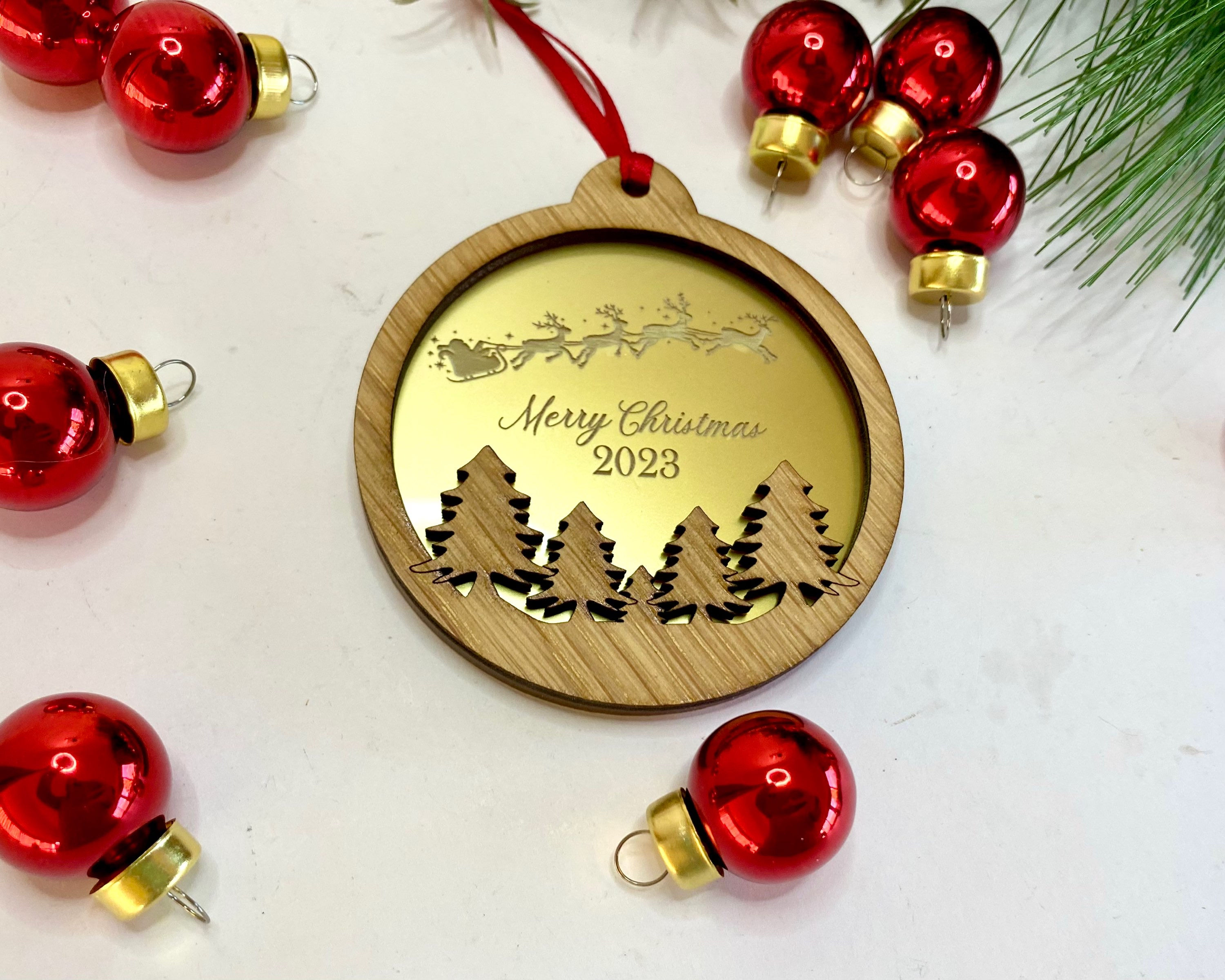 Gold and Wood Christmas Decoration - Personalised Oak And Gold/Silver Acrylic