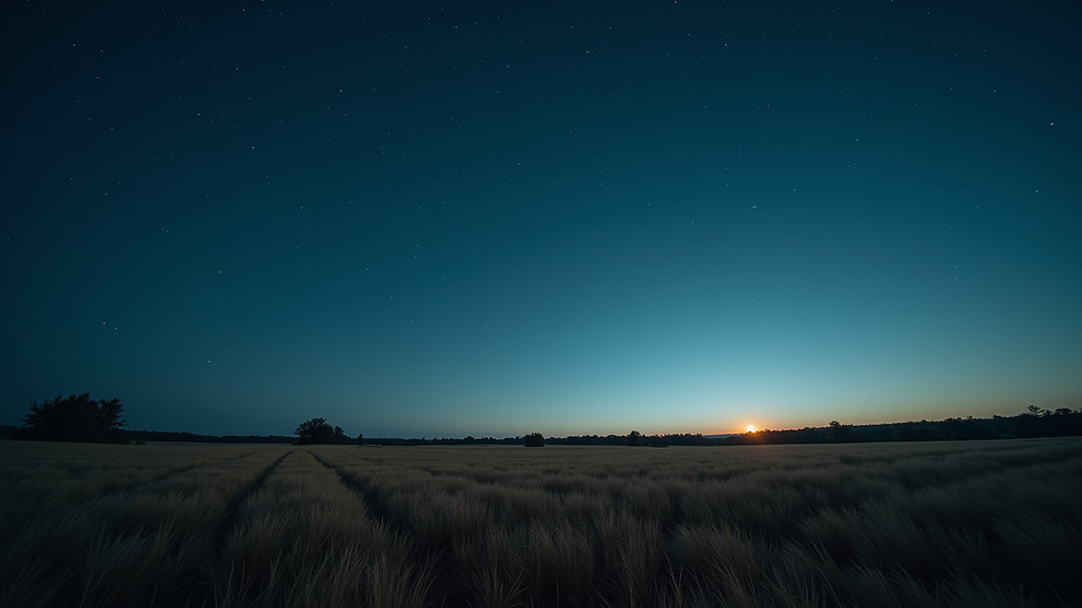 Wide angle view of open field under a clear starry sky