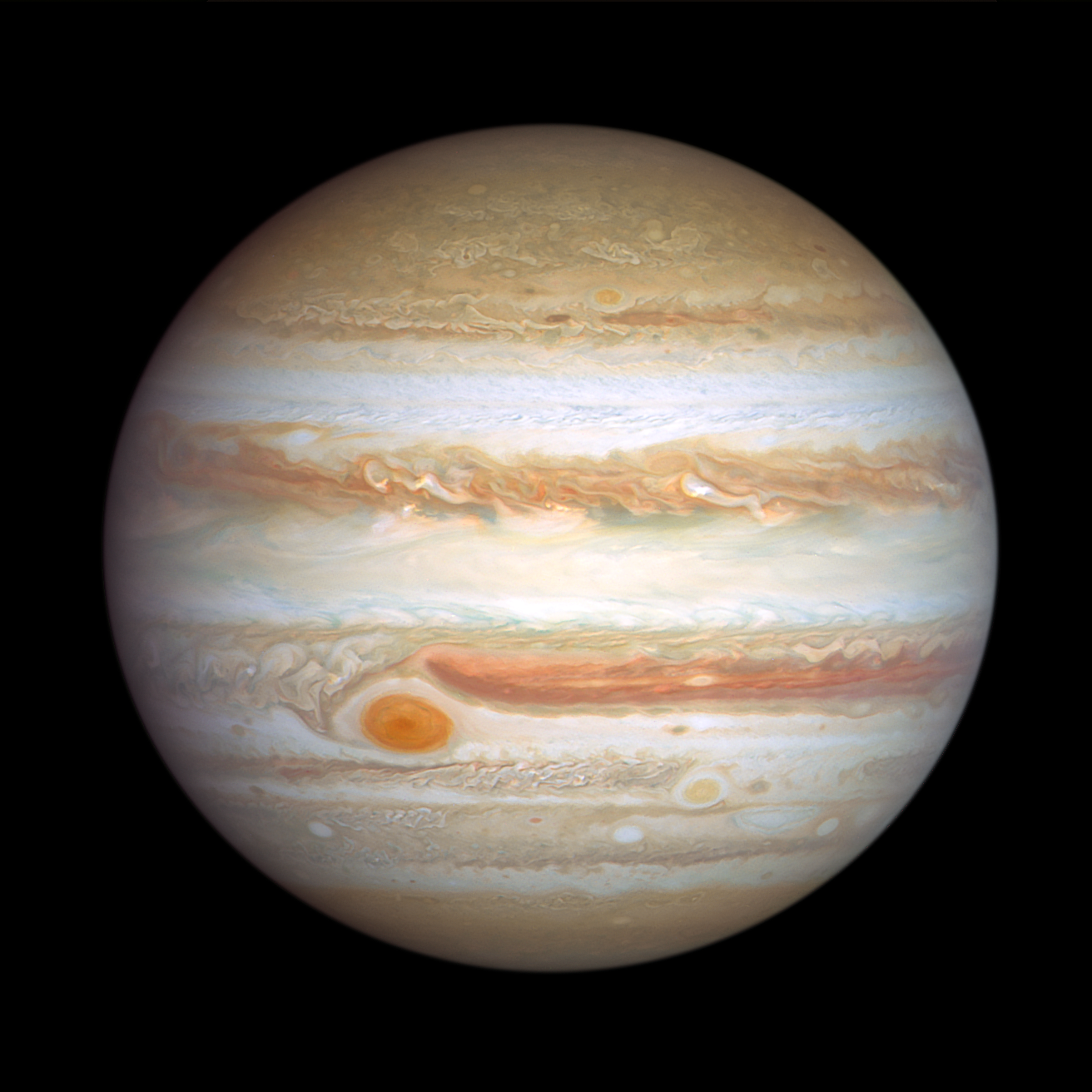 Hubble image of Jupiter on January 5, 2024, showing cloud bands and the Great Red Spot.