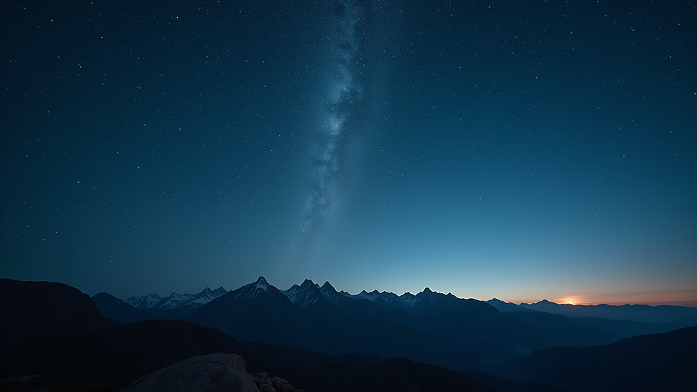 Eye-level view of a mountain ridge under a star-filled sky