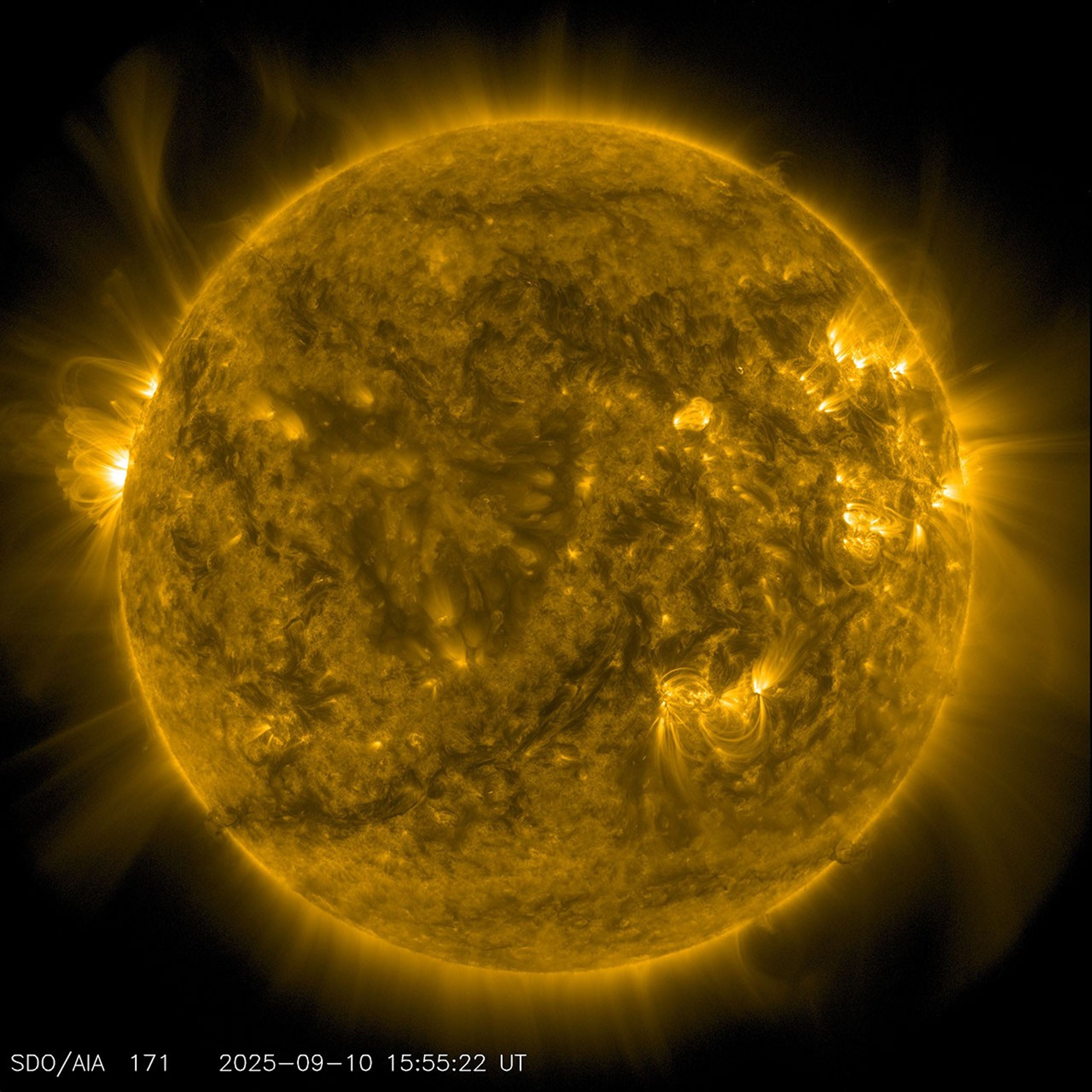Solar Dynamics Observatory image of the Sun on September 10, 2025, showing its structured atmosphere.