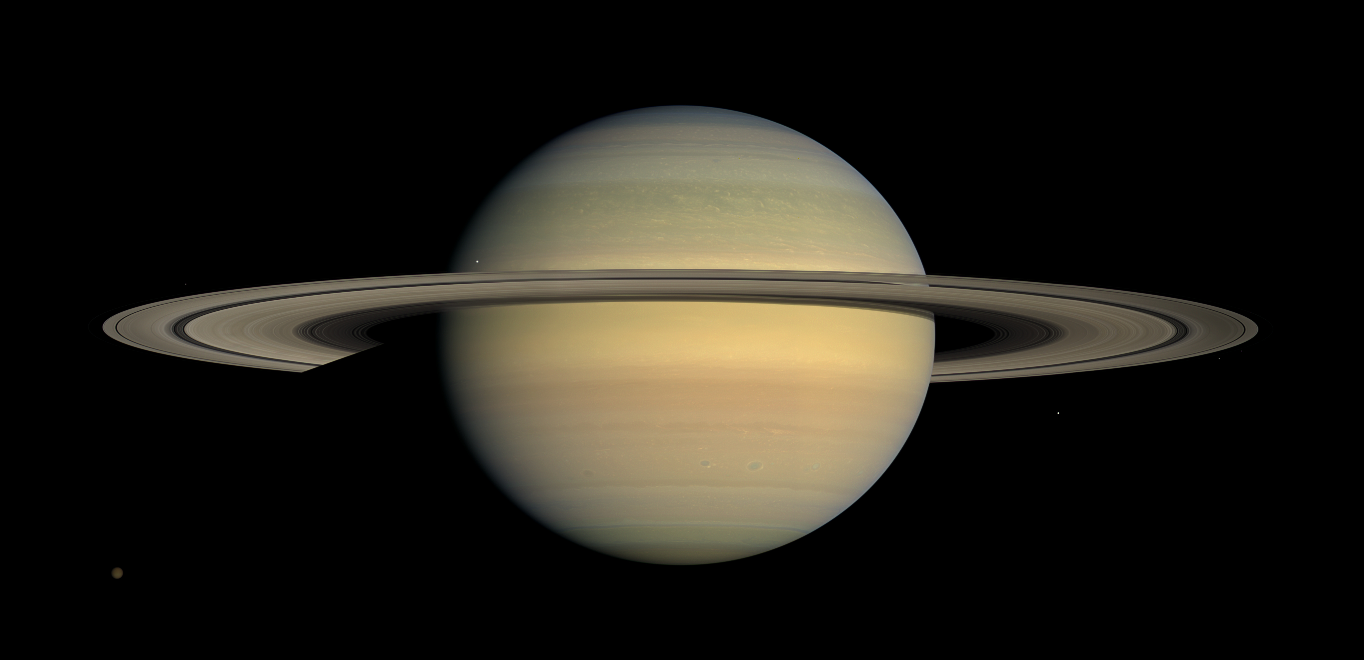 Cassini spacecraft view of Saturn and its rings during equinox.