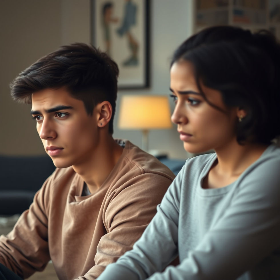 A couple sitting together, one partner looking withdrawn and avoidant while the other looks confused and concerened, illustrating avidant behaviour in relationships.