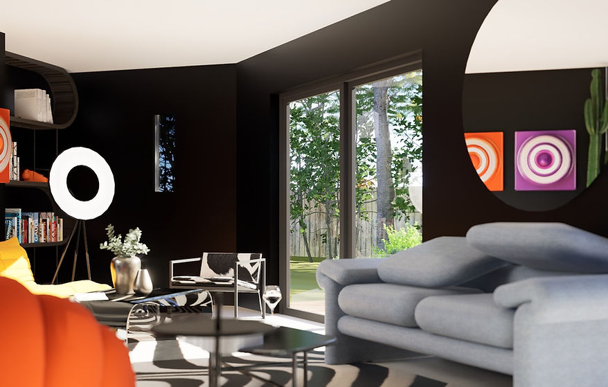 Réaménagement d'un salon, murs noirs, cadres couleurs vifs se reflétant dans le miroir circulaire, tapis zébré