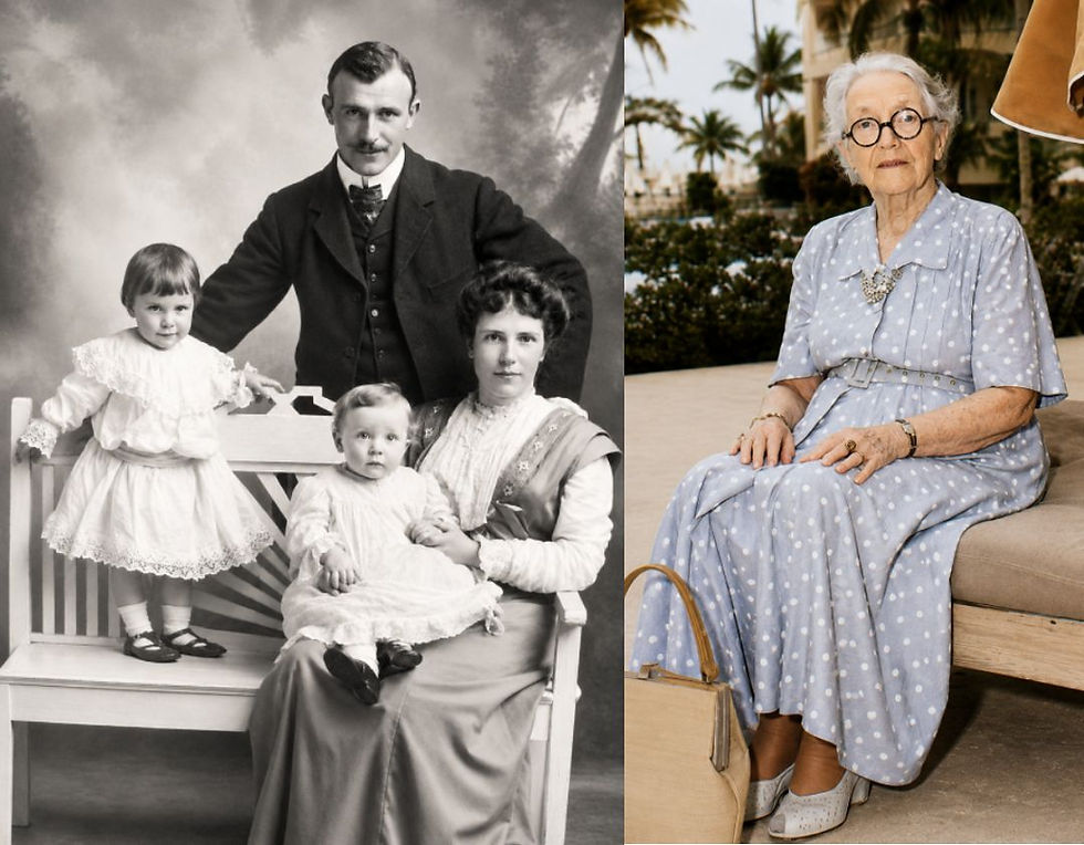 Vintage family photographs of Sinaid Wibberley as a young mother and, many decades later, in Florida. Chief White Feather is nowhere to be seen in the second photograph—but Sinaid might have insisted otherwise.