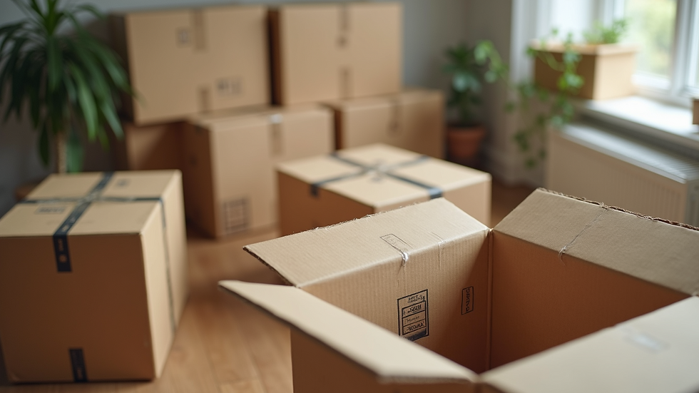 High angle view of neatly packed and labeled moving boxes