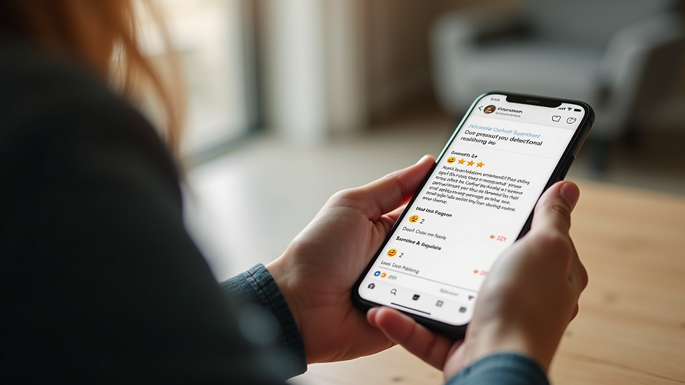 Close-up of a smartphone displaying a positive customer review with emojis