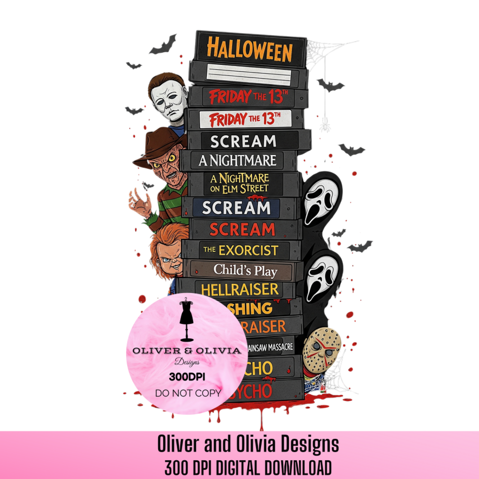 Scary Movies PNG | Horror Movie VHS Stack Digital Art | Spooky Halloween Graphic