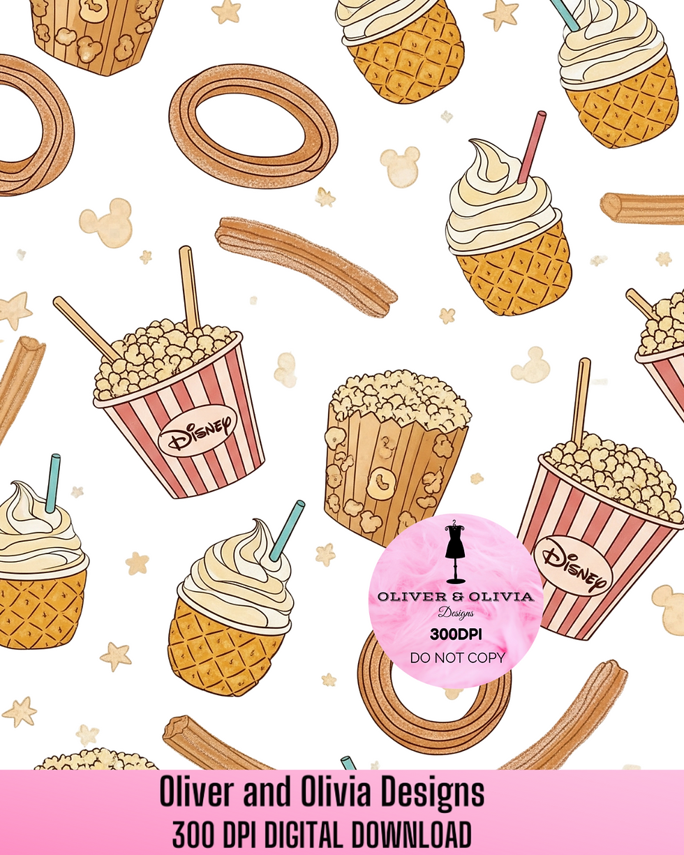 Disney Snack Seamless Pattern | Churros, Popcorn & Dole Whip | 300 DPI Digital D
