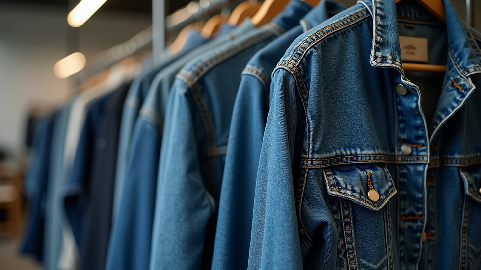 Eye-level view of a denim jacket hanging on a clothing rack