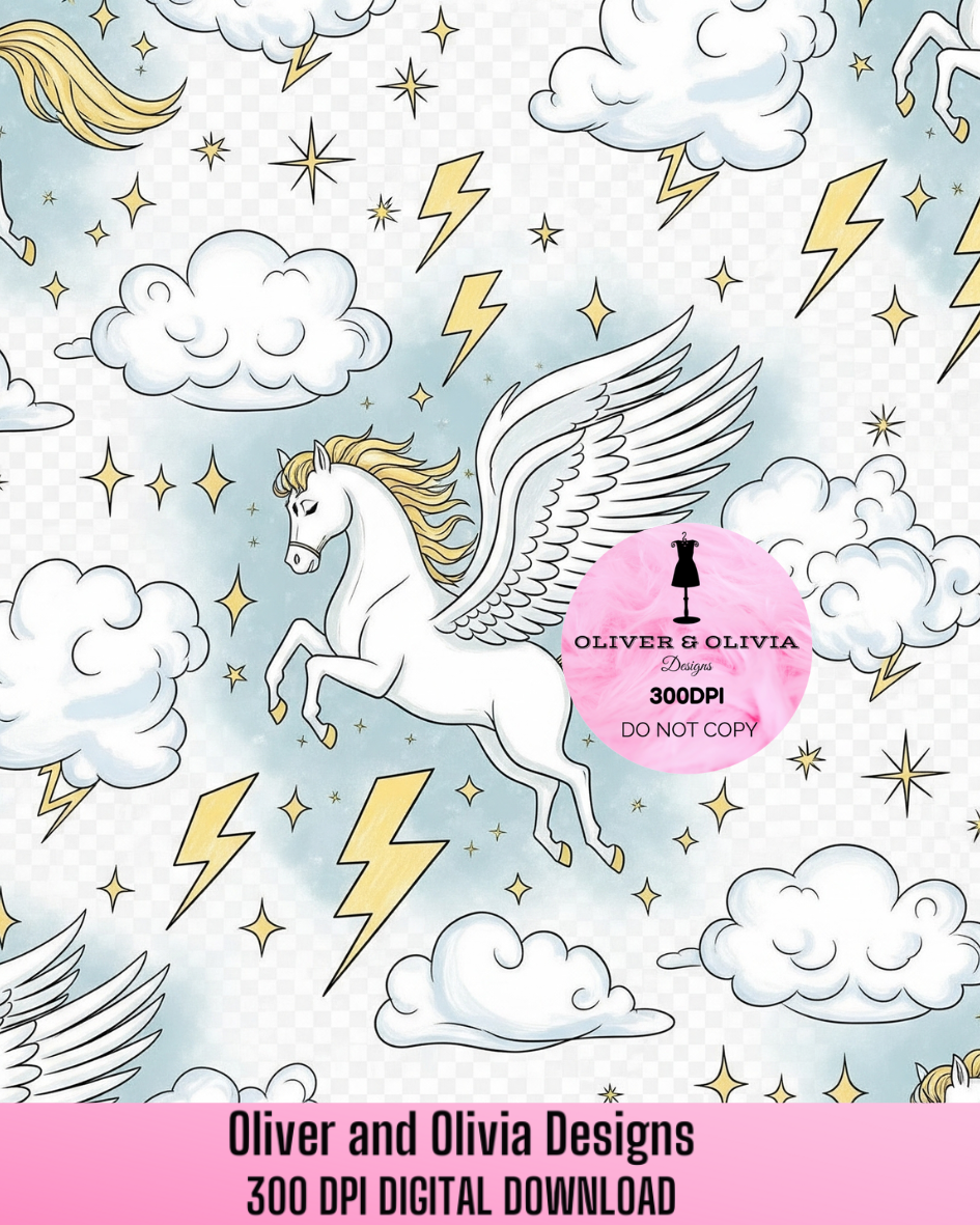 Pegasus Seamless Pattern | Fantasy Winged Horse Clouds & Stars Digital Download