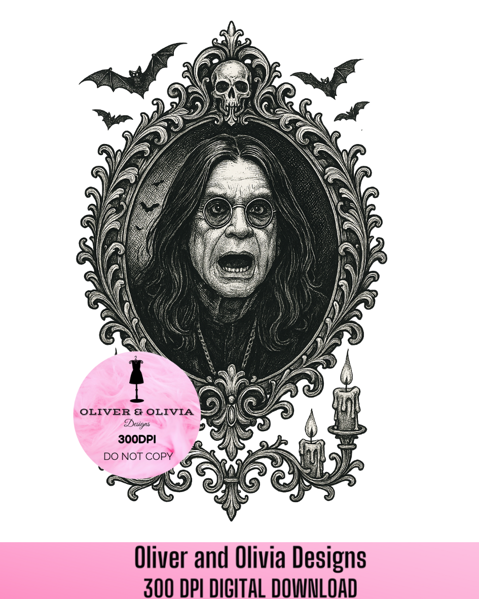 Gothic Rock Portrait SVG PNG – Ozzy Inspired Vintage Frame Design with Bats & Sk