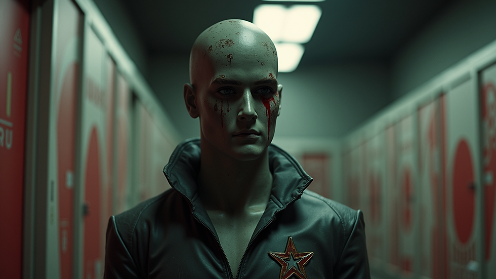 Eye-level view of a mannequin dressed in a retro horror movie costume