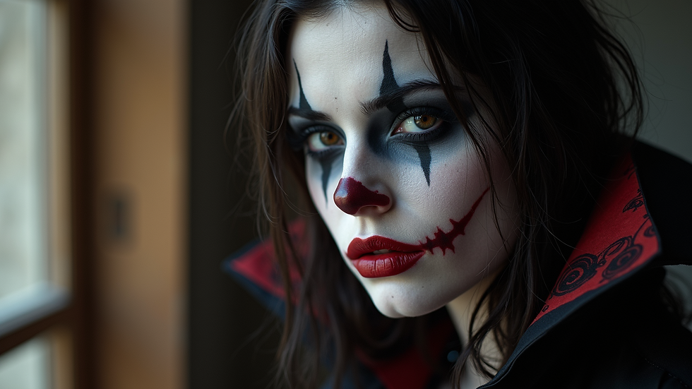 Close-up view of a detailed vampire costume with makeup and accessories