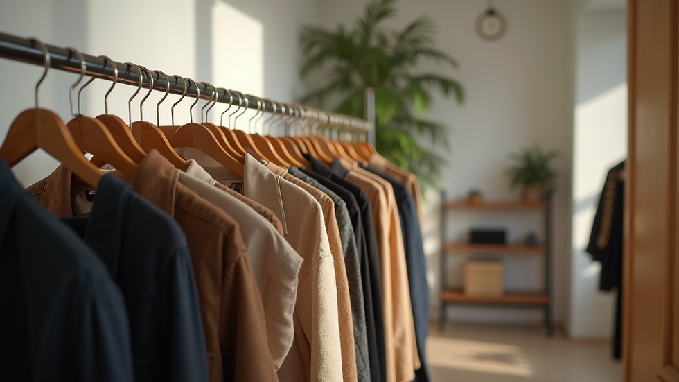 Eye-level view of a sustainable clothing rack filled with stylish outfits