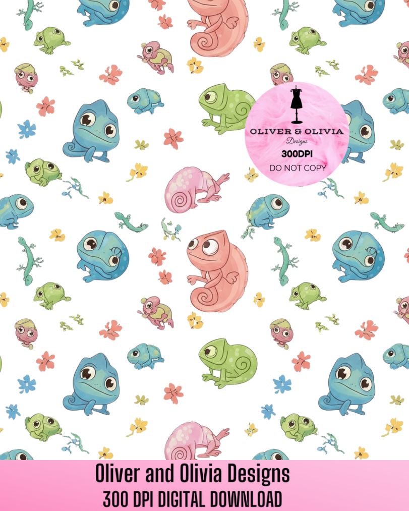 Cute Chameleon Seamless Pattern | Colorful Lizard Digital Download for Fabric &
