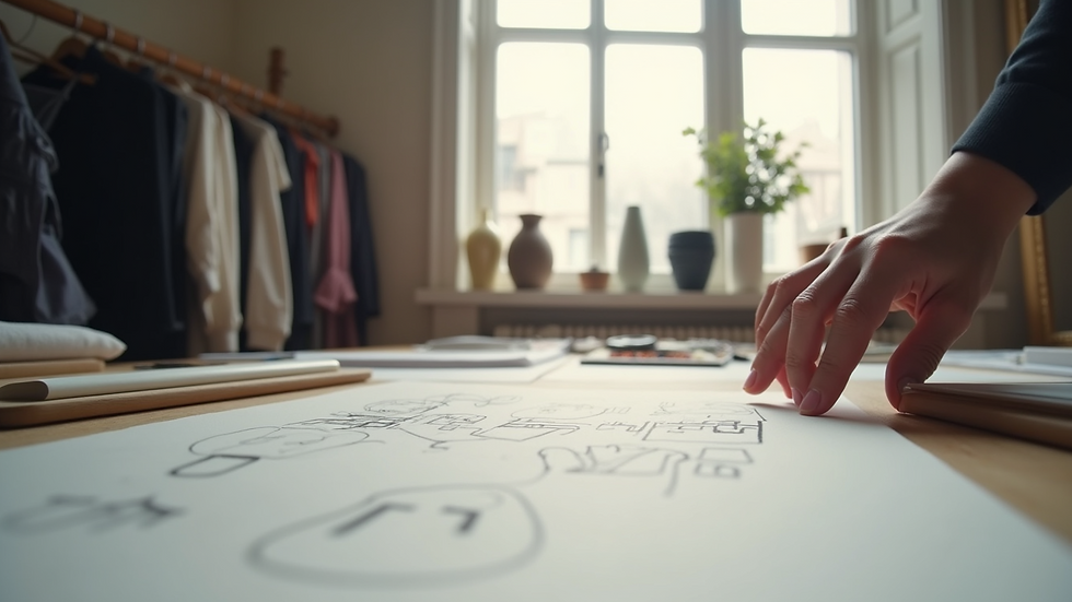 Eye-level view of a fashion design studio with sketches on the table