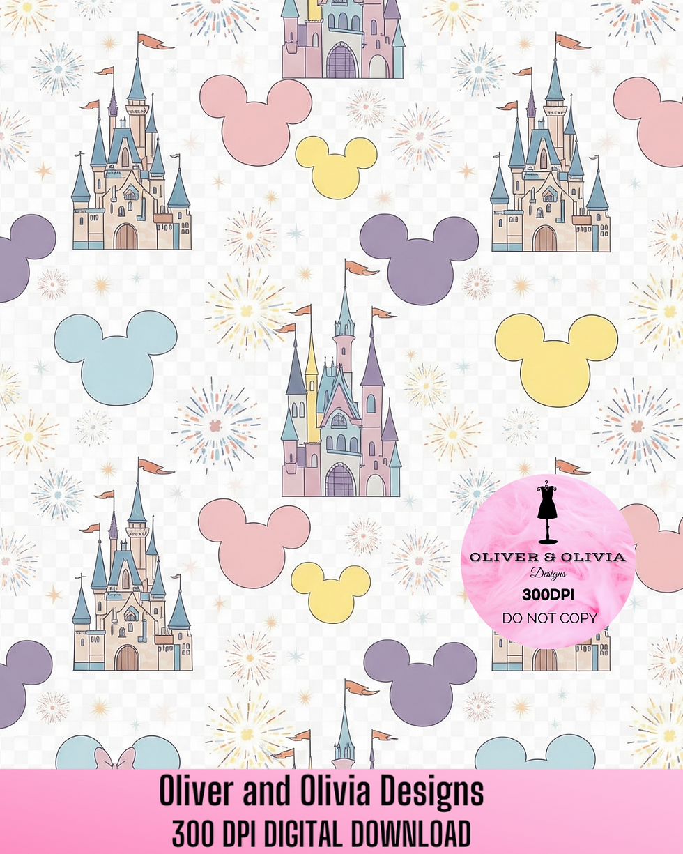 Disney castle pastel seamless pattern