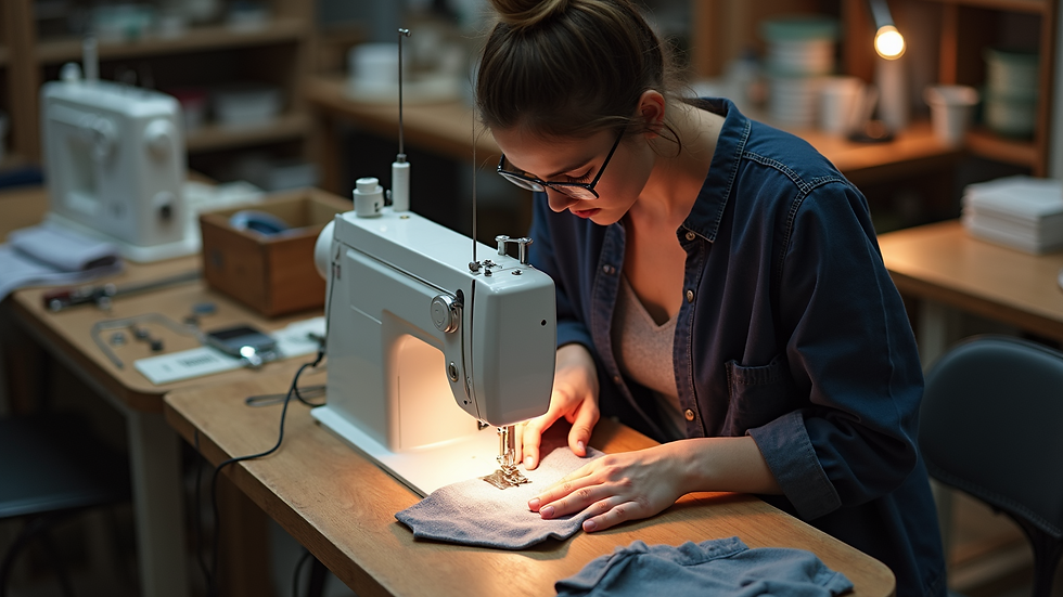 High angle view of an artisan sewing a fashion piece in a workshop