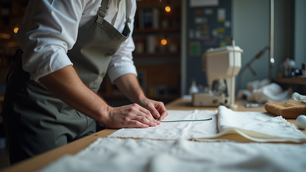 Close-up view of a tailor measuring fabric for custom apparel