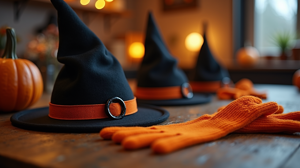 Close-up view of Halloween accessories including hats and gloves on a table