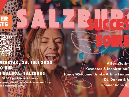Fröhliche Frau mit geschlossenen Augen und ausgestrecktem Arm bei einer Party; im Hintergrund Konfetti und bunte Lichter, Text-Overlay mit Eventinfos zur Success Soirée Salzburg am 24. Juli 2025 im Club Balboa, inklusive QR-Code für Ticketkauf.