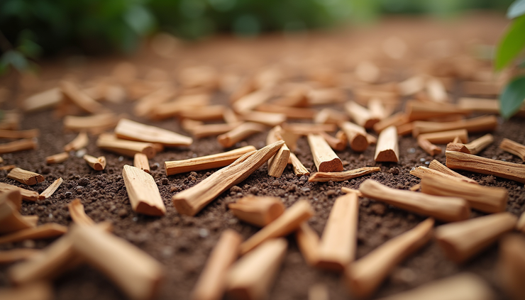 Close-up view of cedar chips spread over garden soil