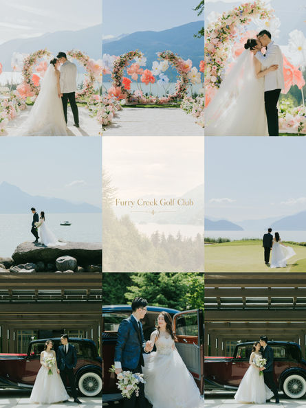 Furry Creek Golf Club wedding photography in British Columbia, featuring a couple surrounded by colorful floral ceremony decor, mountain and ocean views, and scenic golf course portraits.