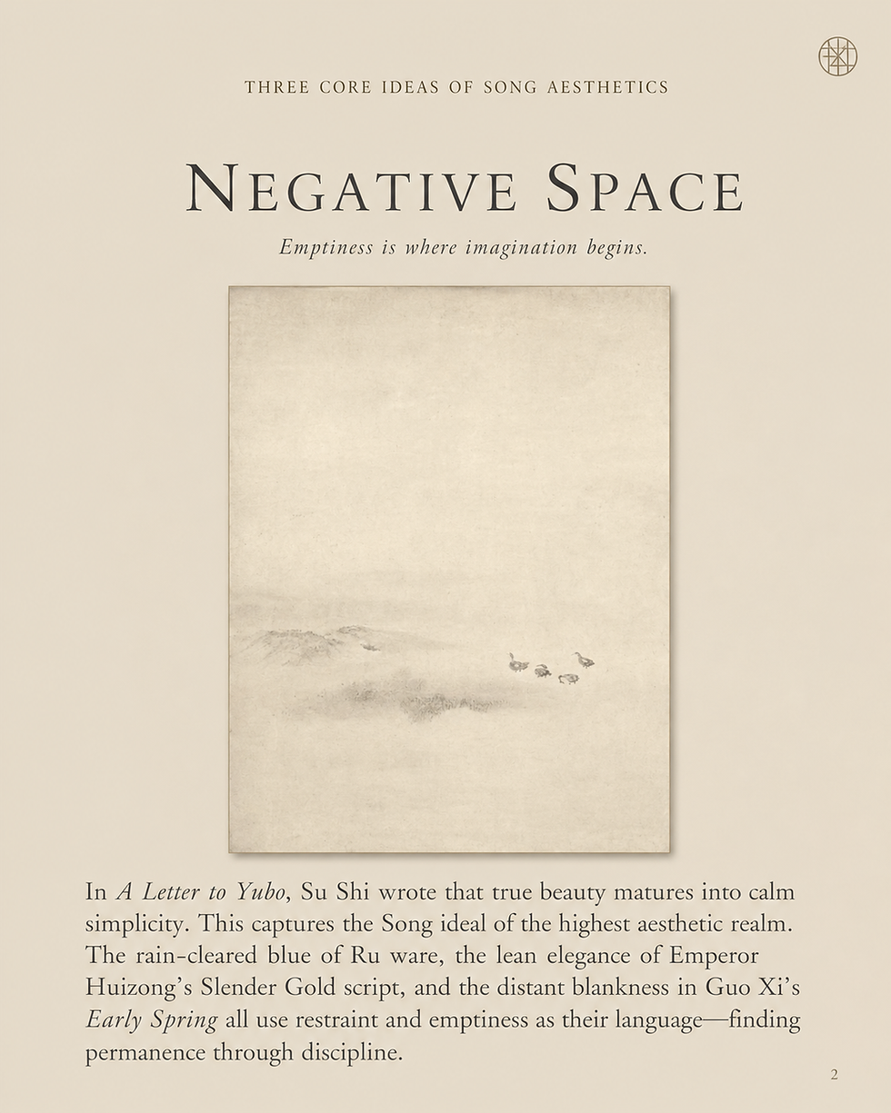 Negative space concept in Song dynasty aesthetics, featuring a minimalist ink painting with soft mountains and birds to illustrate liubai and calm simplicity.